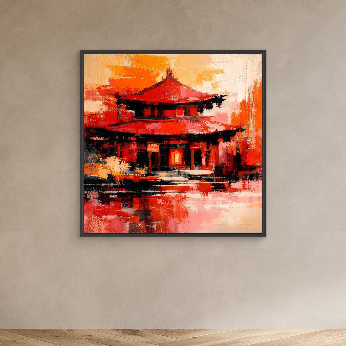 Wandbild mit Pagode in Rot-Orange und schwarzer Silhouette, im dunklen Rahmen