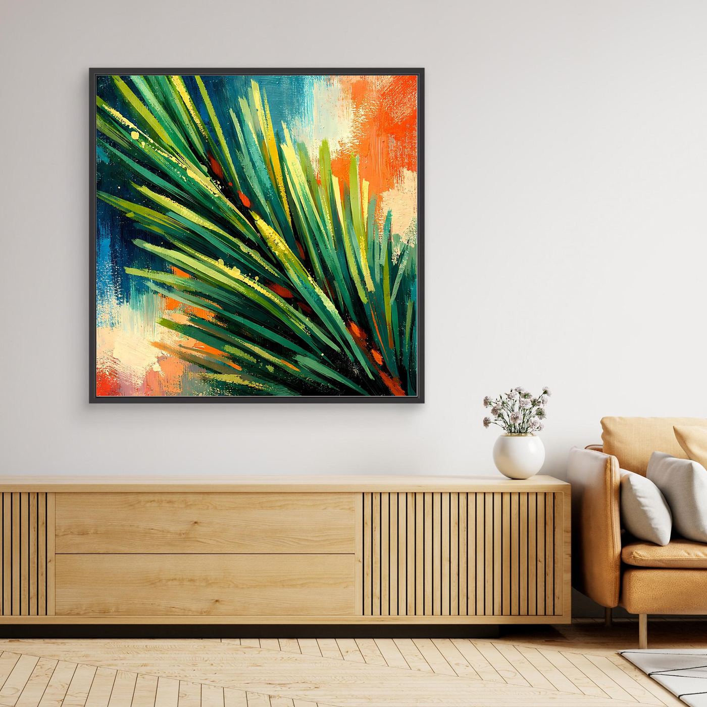 Quadratisches Leinwand-Wandbild mit abstrakten grünen und gelben Flammen im schwarzen Rahmen
