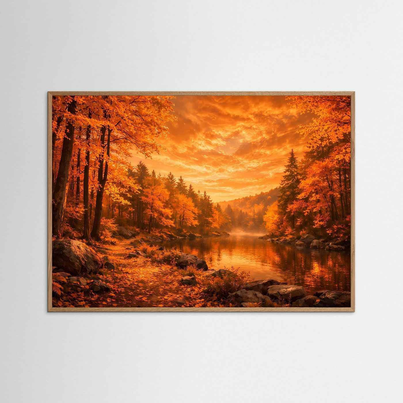 Poster Herbstwald am Flussufer | Goldener Herbstabend Wandbild