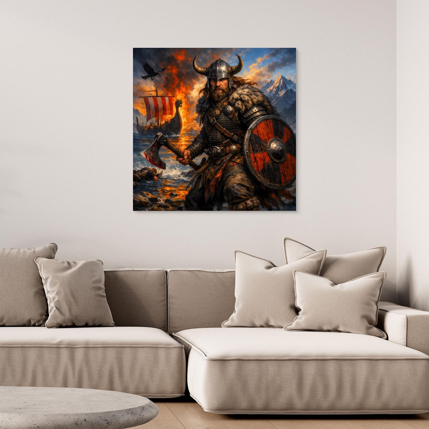 Leinwand Epischer Wikinger-Krieger an der Küste | Modernes Nordisches Wandbild