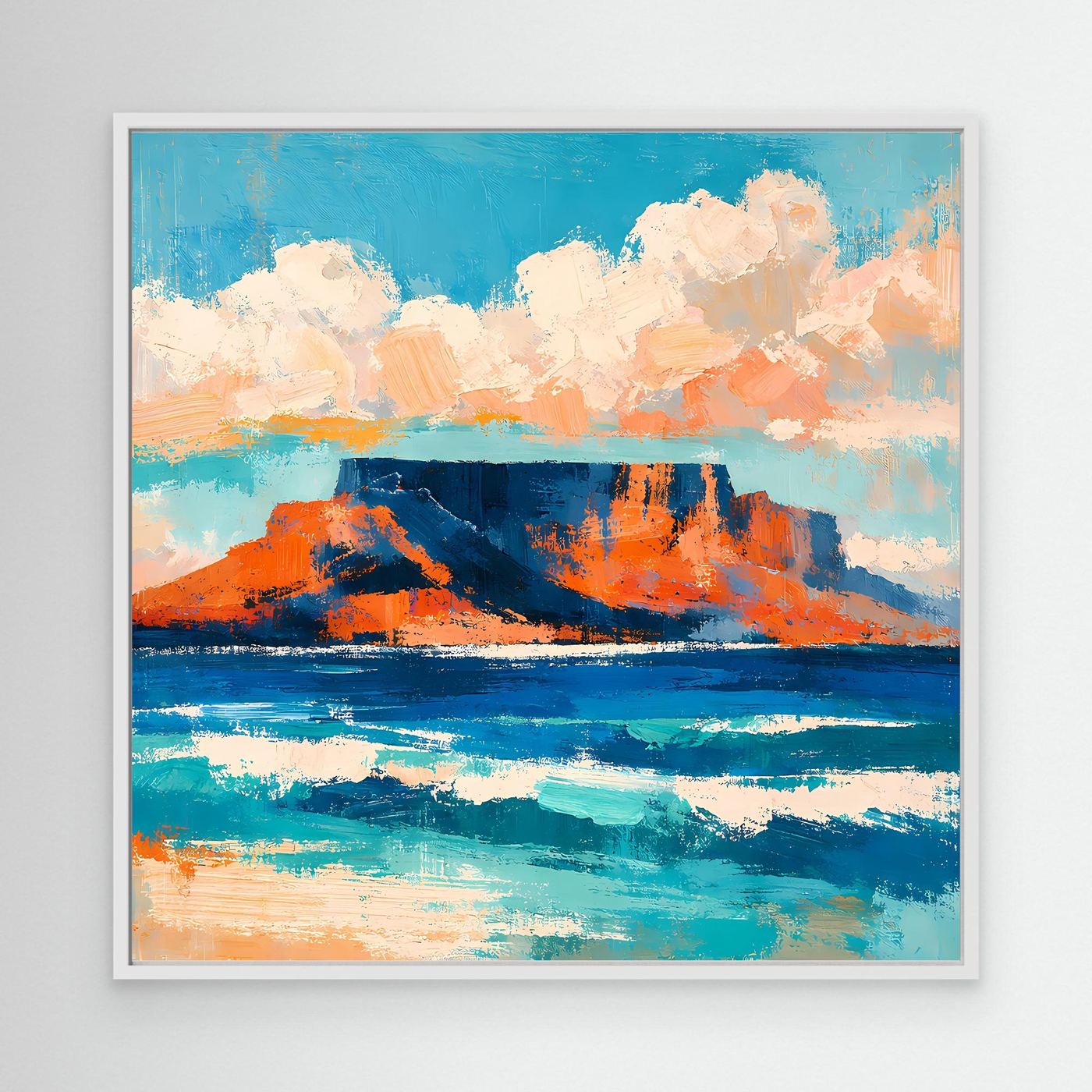 Abstraktes Leinwand-Wandbild mit türkisblauem Himmel, orangefarbenen Felsen und Meer; Weißrahmen