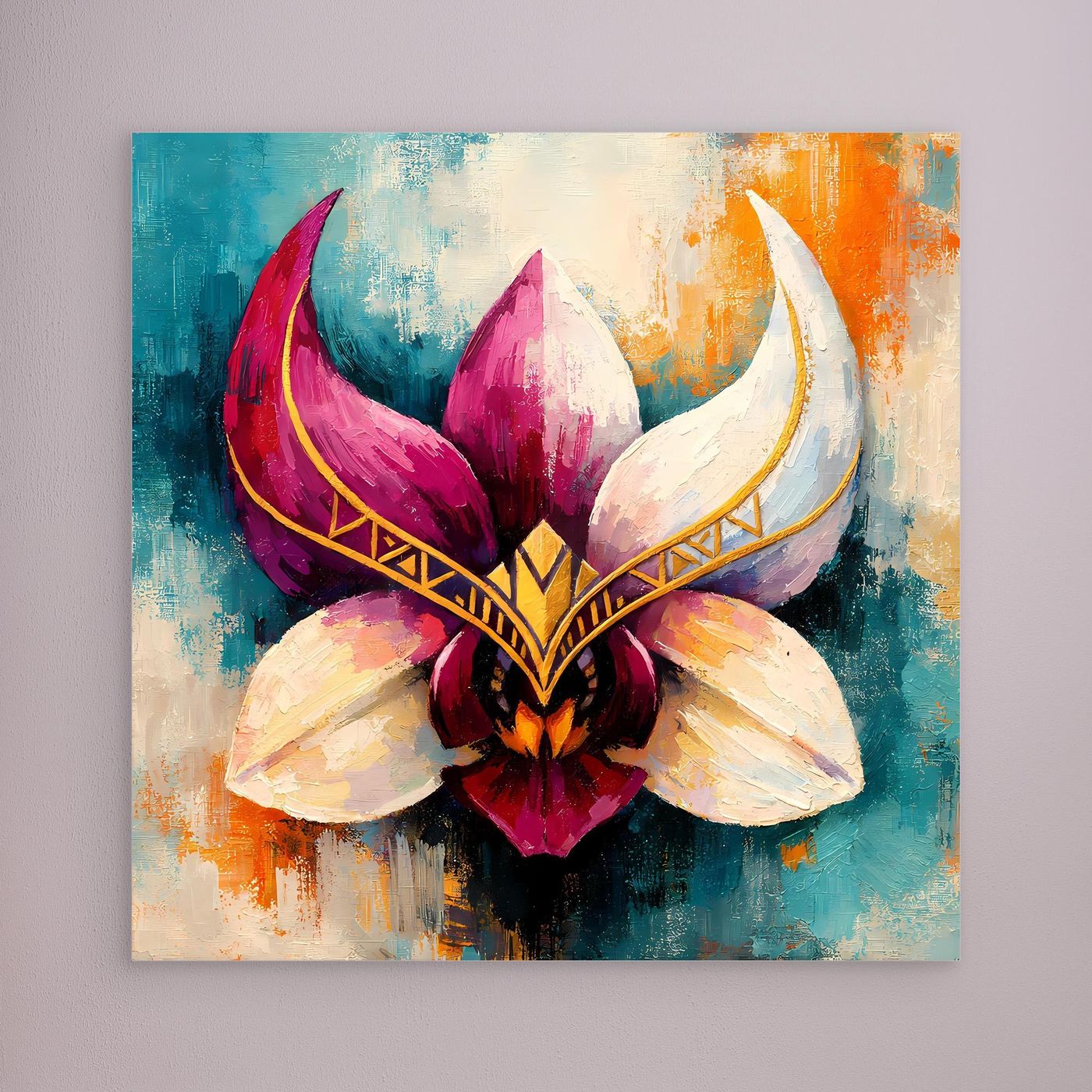 Premium Leinwand Mystische Orchideen-Maske in Gold | Abstraktes Florales Wandbild im Fantasy-Stil