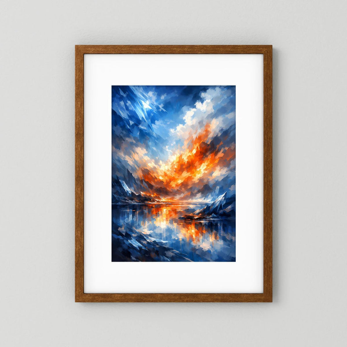 Hochformat-Poster mit abstrakter Landschaft in Blau und Orange, im Holzrahmen mit weißem Passepartout.