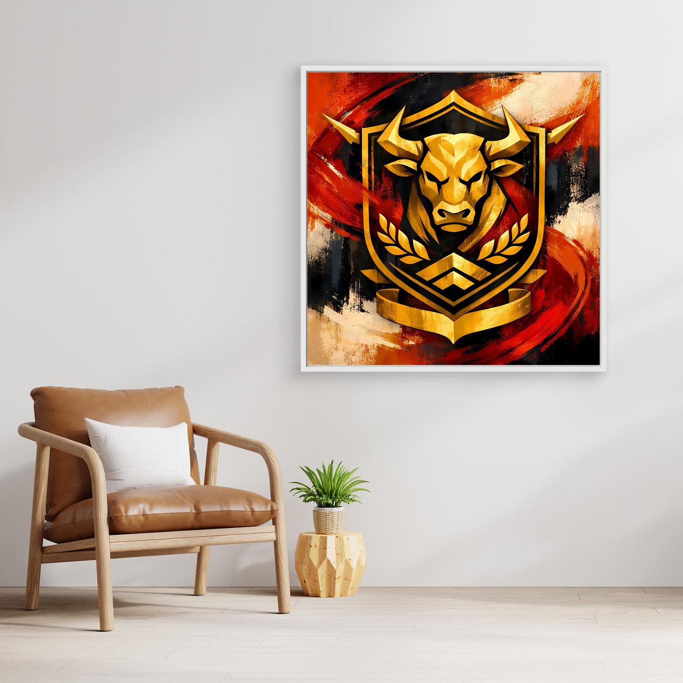 Leinwandbild mit goldfarbenem Stierkopf im Emblem, rot-schwarzer Hintergrund mit Spritzoptik