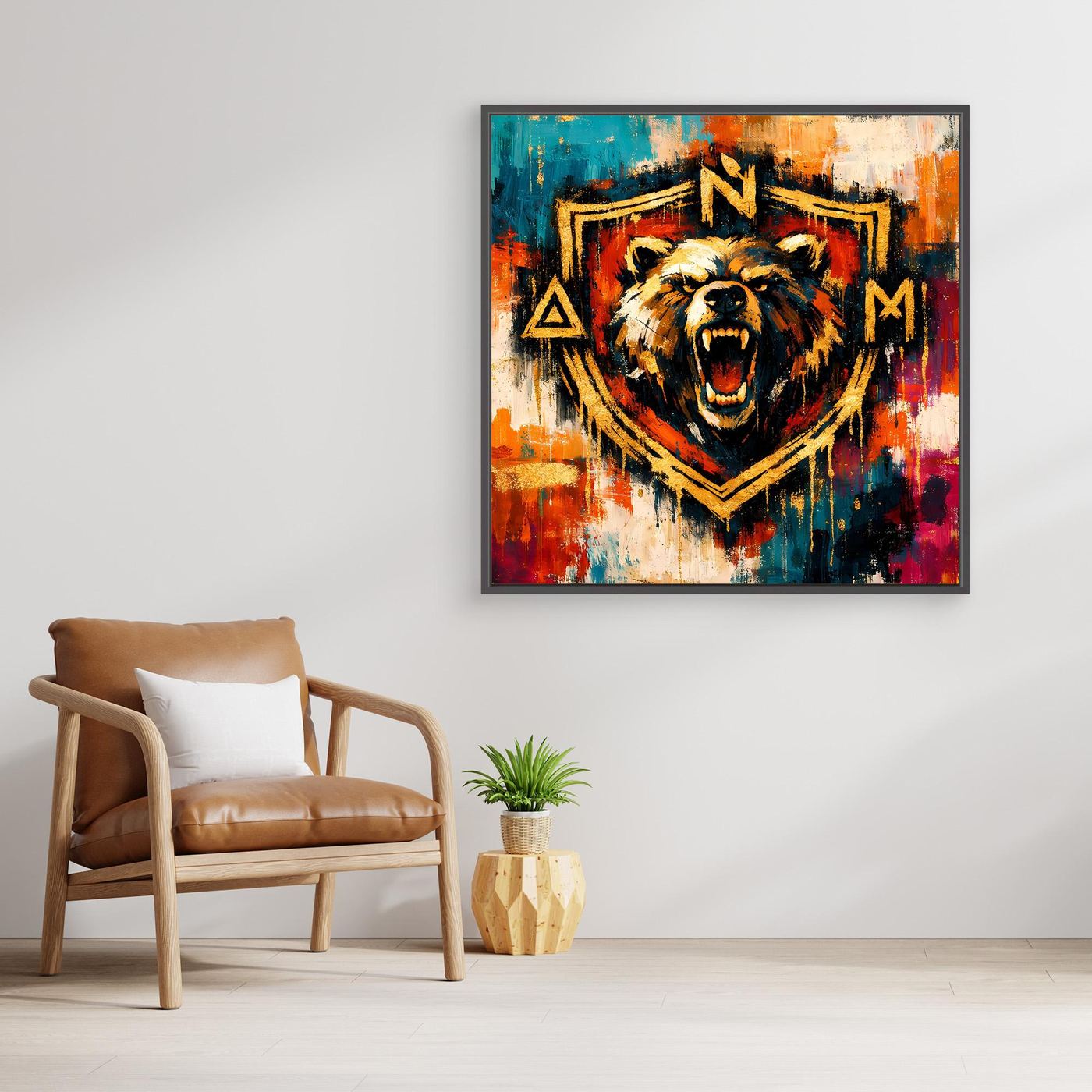 Leinwand-Wandbild mit Bärenwappen in Goldoptik, buntes Urban-Art Motiv, schwarzer Rahmen