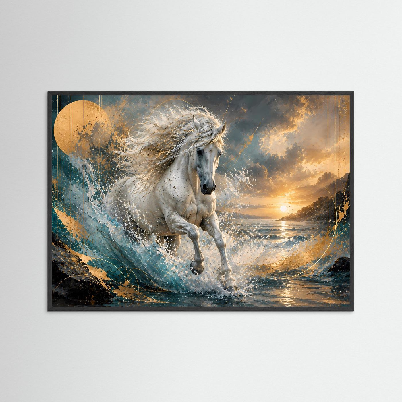 Querformat-Poster: weißes Pferd in Wellen, goldblauer Sonnenuntergang mit schwarzem Rahmen