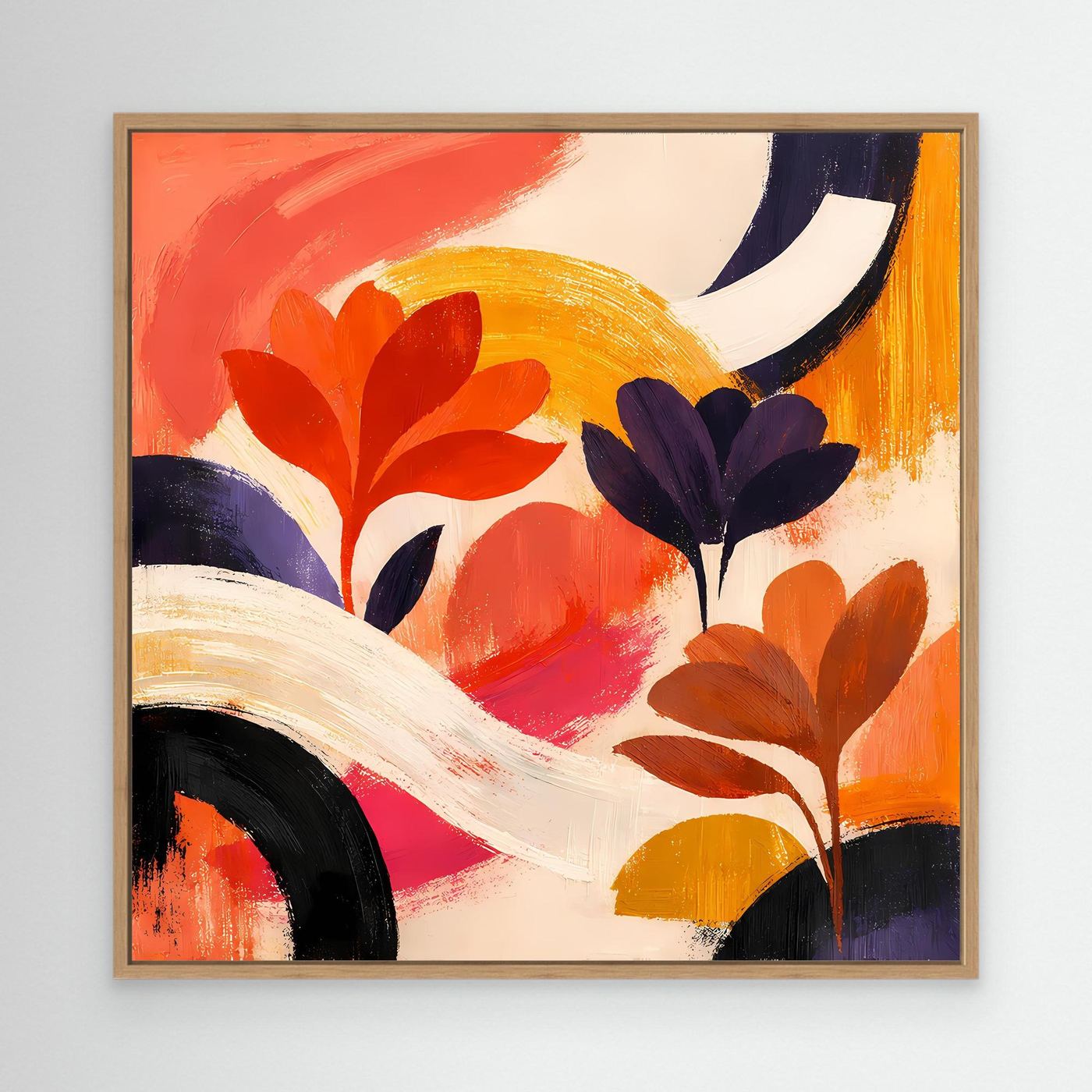 Leinwandbild abstrakte Blumen, Farbflächen in Rot, Orange und Violett; Rahmen helles Holz