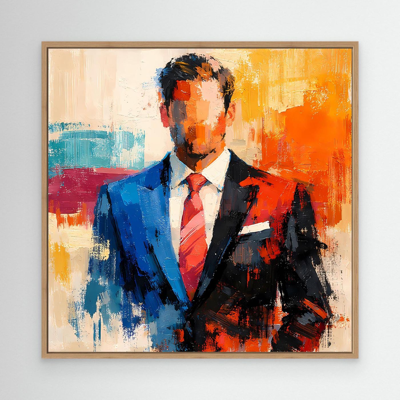 Abstract business wall art with oak frame, elegant man in blue/black suit and red tie