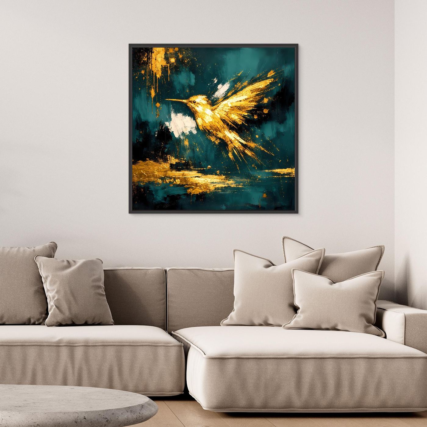 Leinwand Goldener Kolibri im Flug | Abstraktes Modernes Vogel Wandbild Kunst
