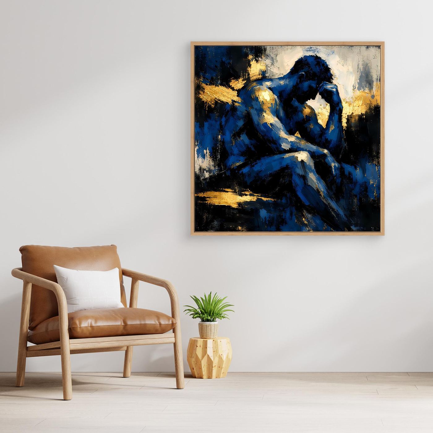 Leinwand Der Denker in Blau | Abstraktes Männersilhouette Wandbild Gold