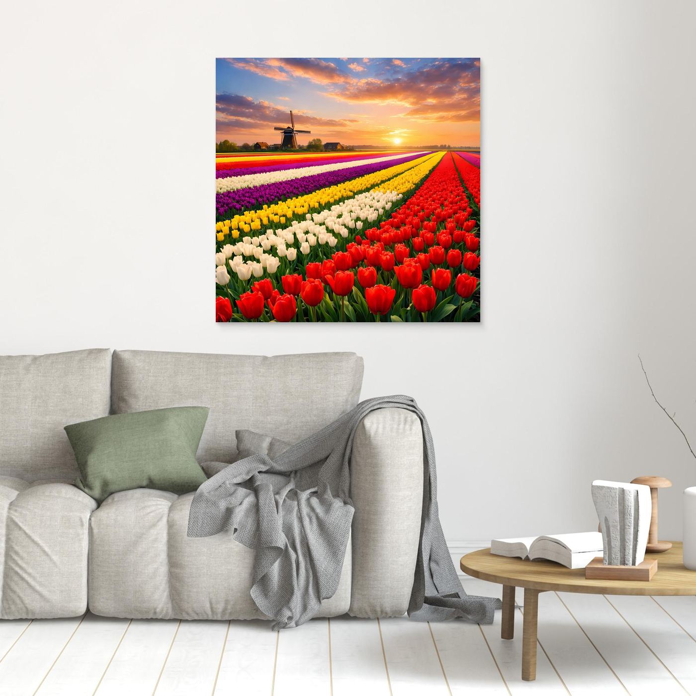 Kleines quadratisches Leinwandbild: buntes Tulpenfeld mit Windmühle bei Sonnenuntergang, Holzrahmen