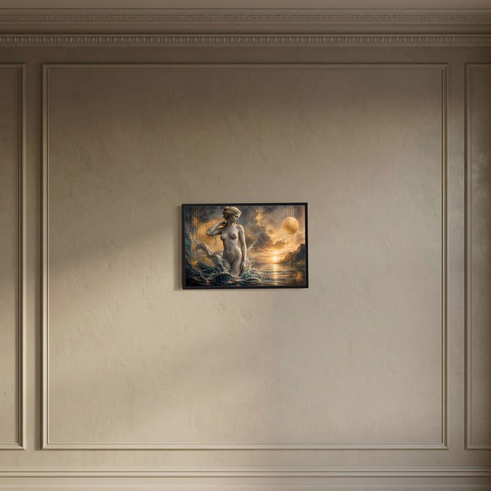 Wandposter mit Frauenfigur zwischen Wellen, goldenes Licht am Horizont, runde Mondscheibe