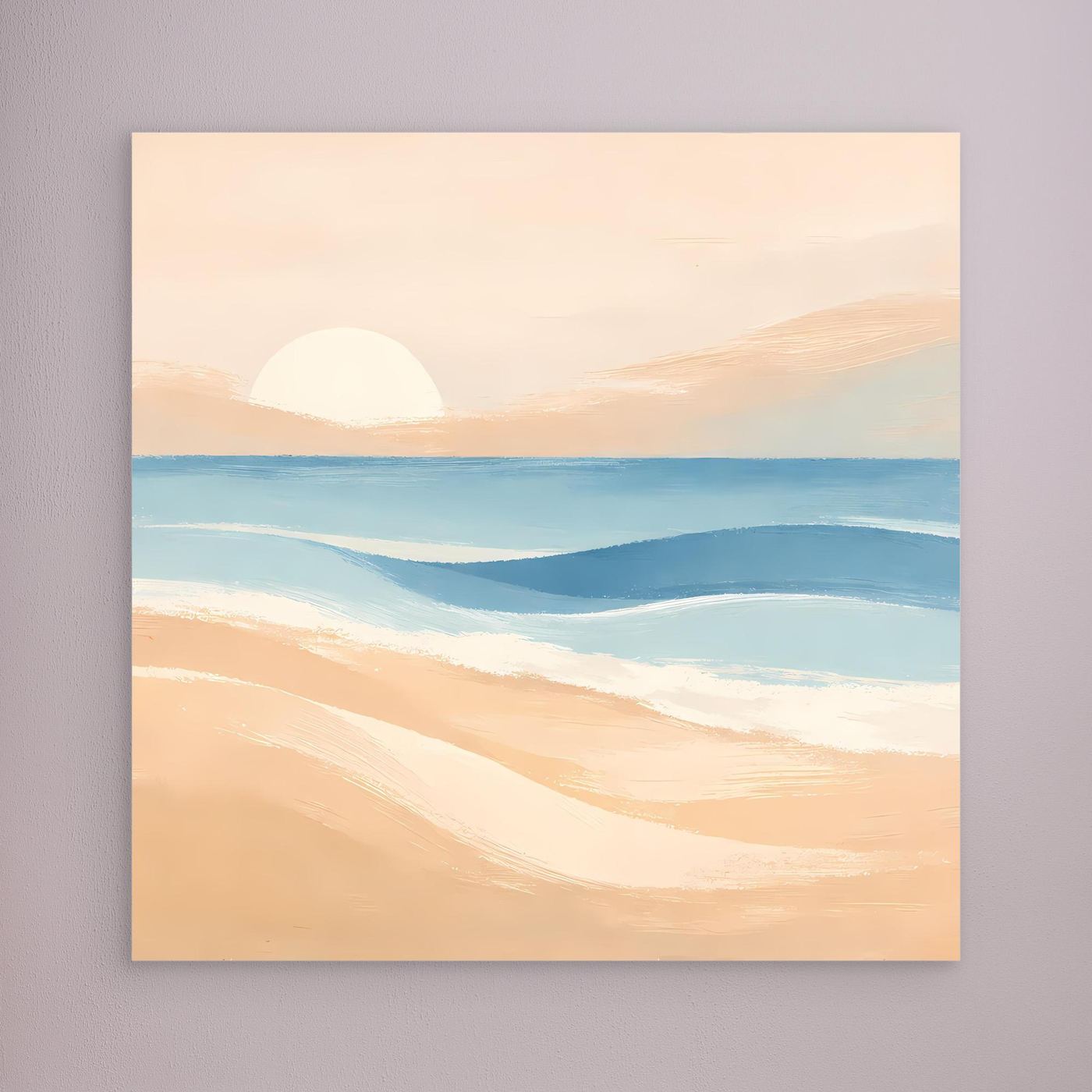 Leinwandbild ohne Rahmen: abstrakter Strand mit blauem Meer und heller Sonne in Pastell.