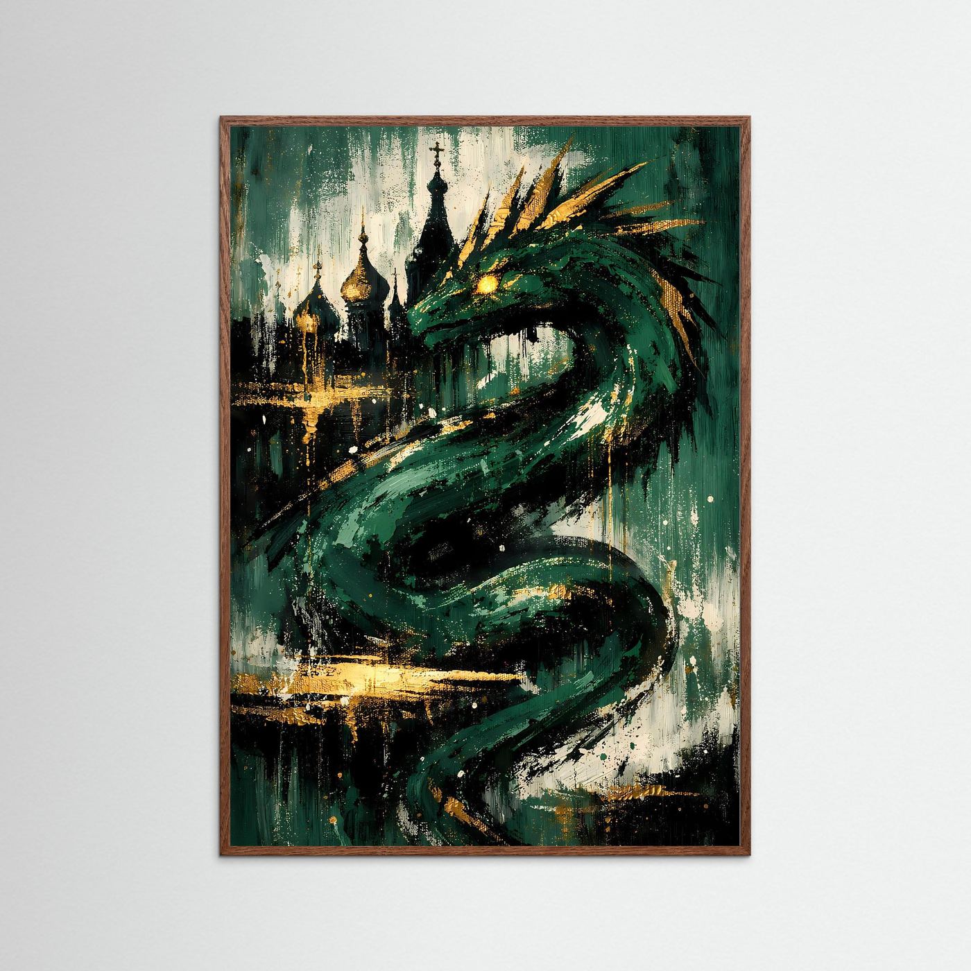 Drachenposter „Der grüne Wächter“ im dunklen Eichenrahmen: grüner Drache, goldene Akzente