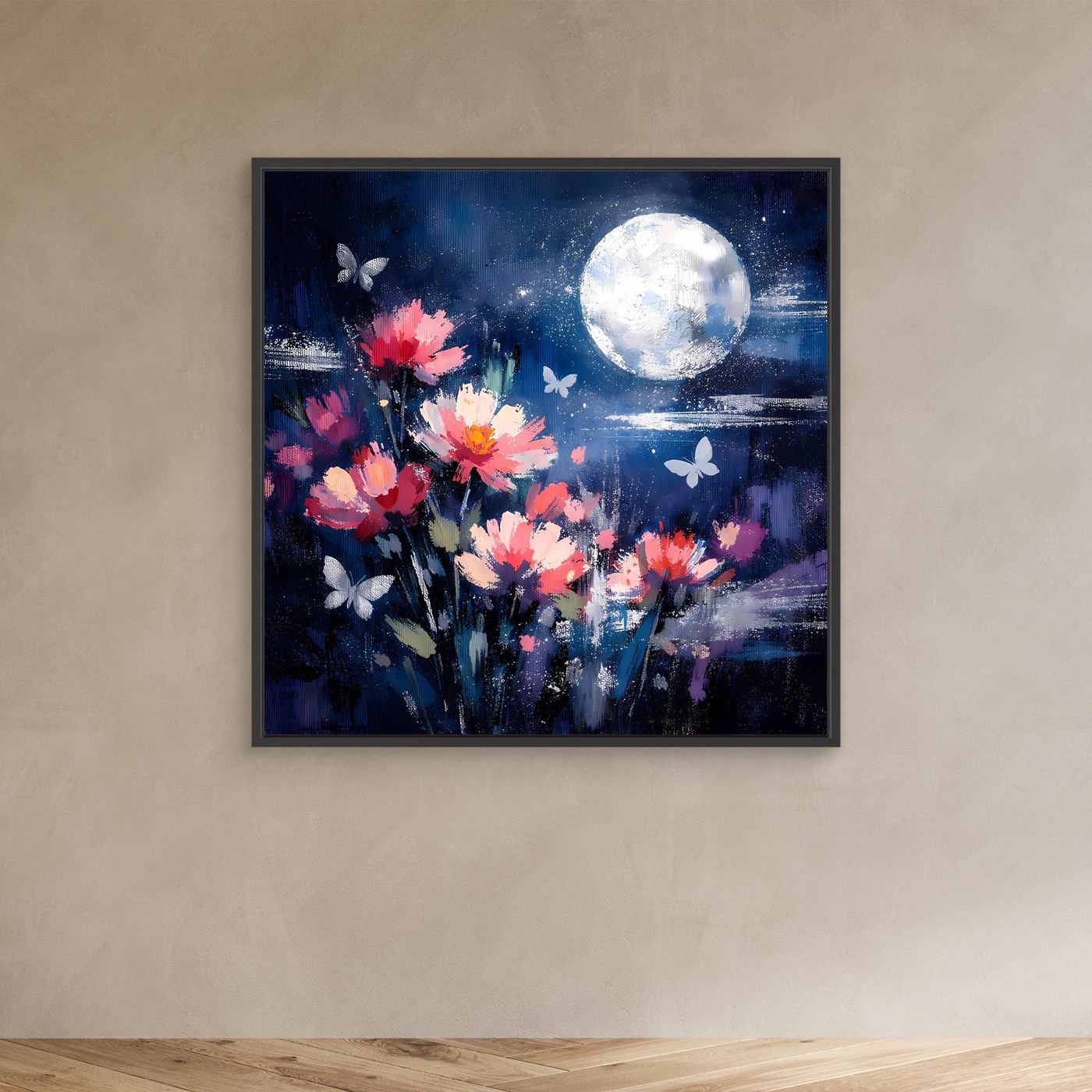 Abstraktes Blumen-Wandbild mit dunklem Rahmen: pinke Blüten, großer heller Mond, Schmetterlinge