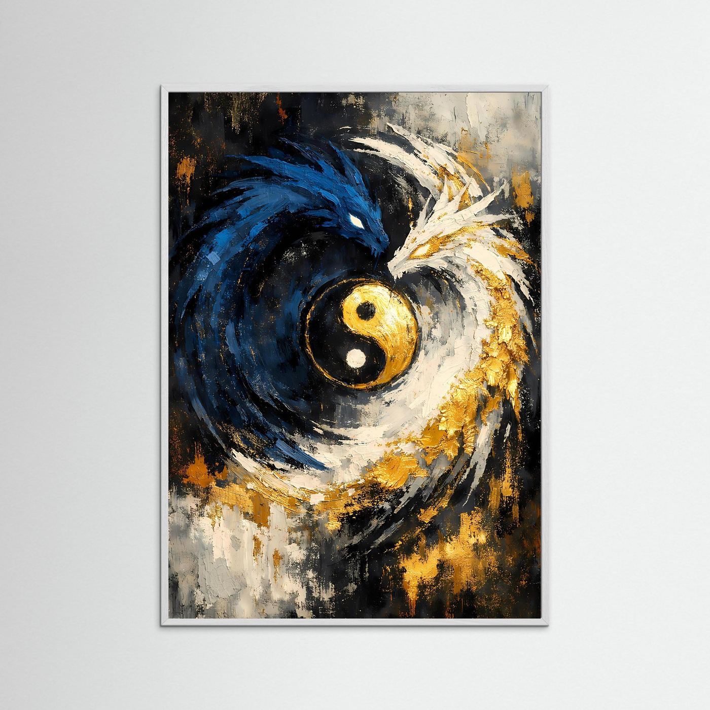 Hochformatiges Yin-Yang-Poster im weißen Rahmen: blau-goldener Drachenwirbel