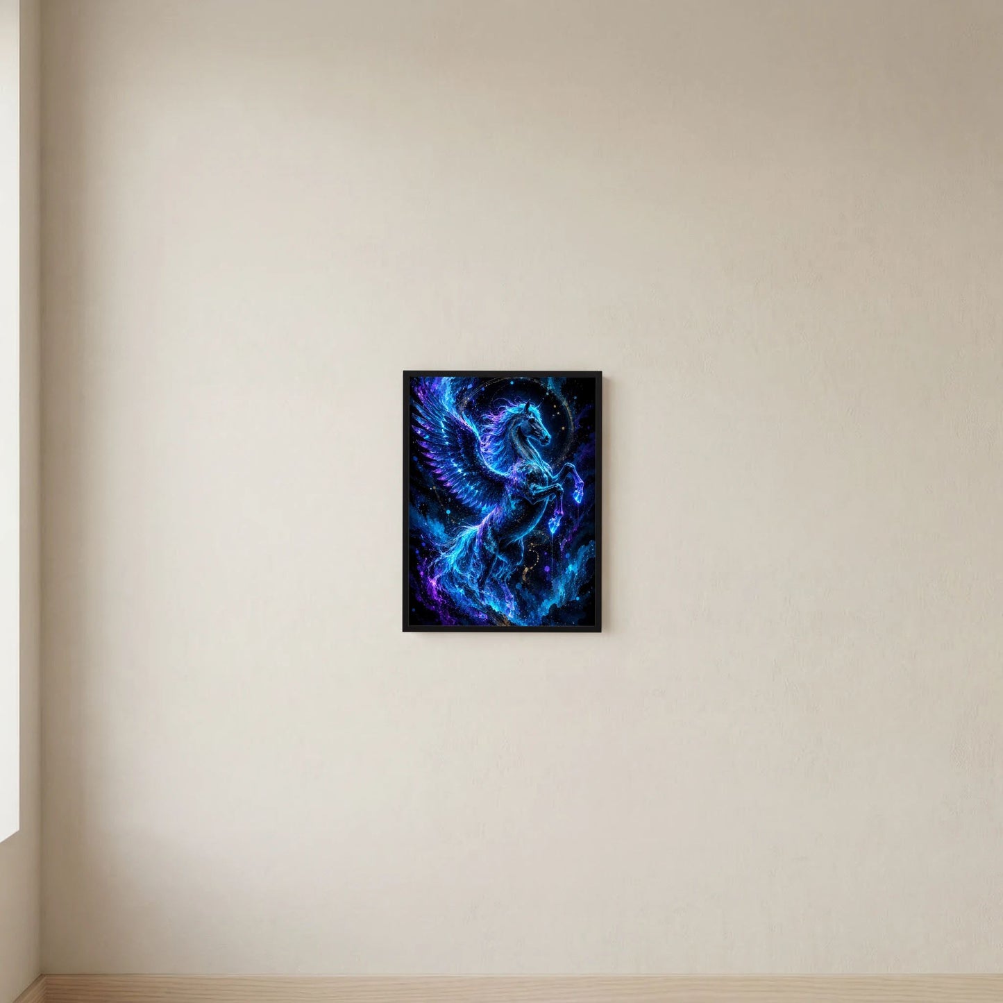 Quadratisches Poster mit leuchtendem geflügeltem Pferd in Blau, schwarzer Rahmen