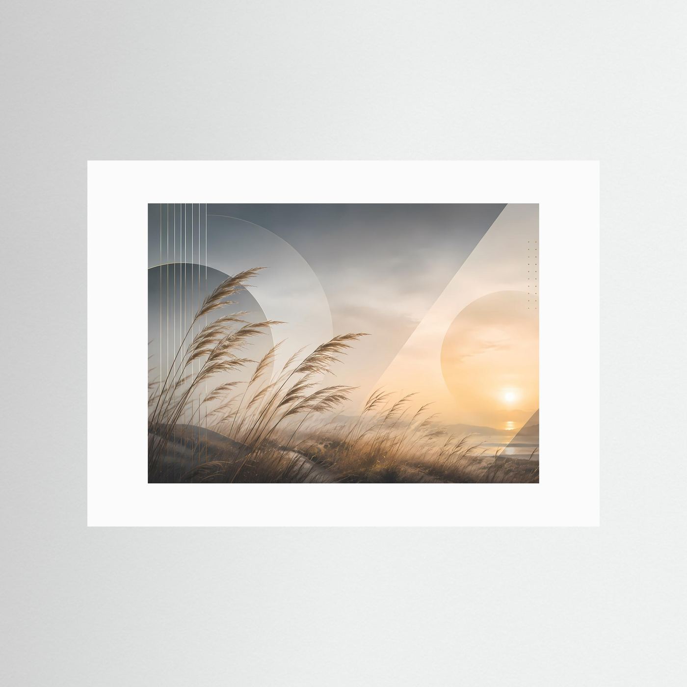 Wandbild mit Gräsern im Abendlicht in Beige- und Goldtönen, weiß hinterlegt