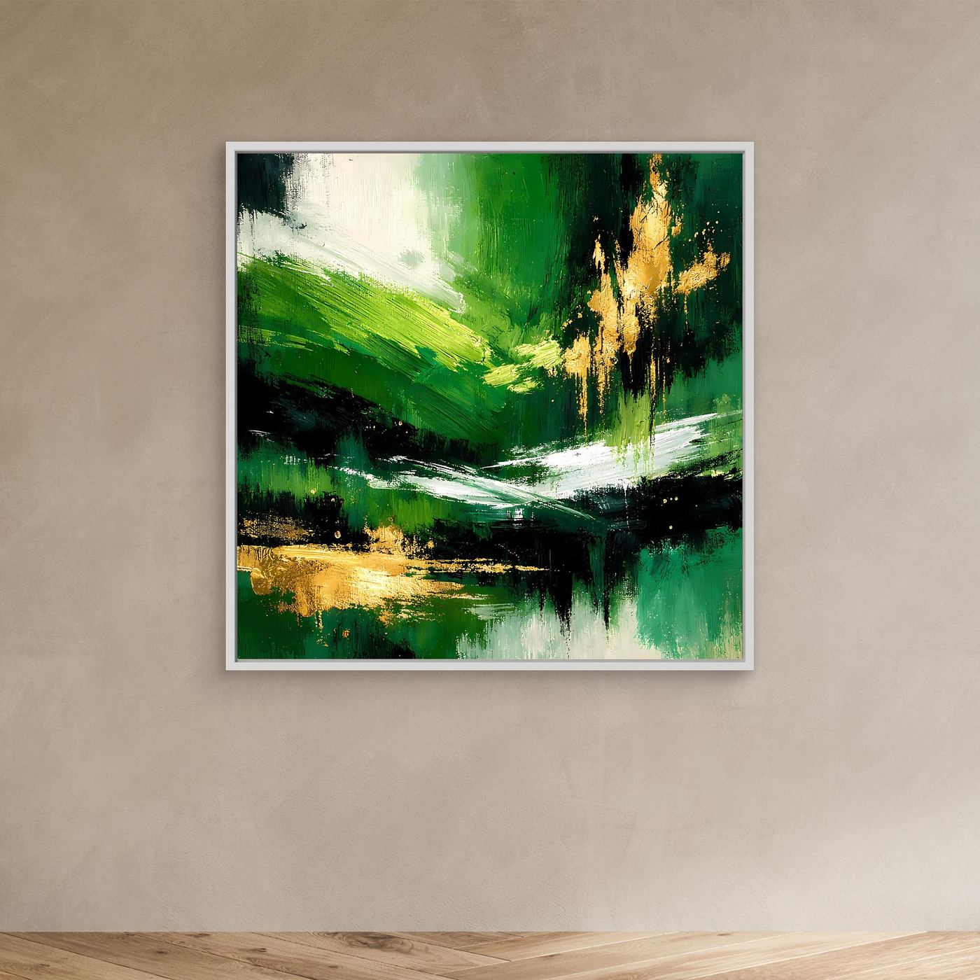 Leinwand Abstraktes Landschaftsgemälde in Smaragdgrün und Gold | Modernes Natur Wandbild