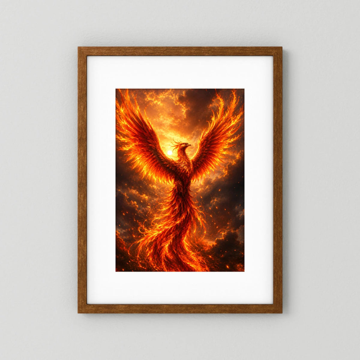 Hochkant-Poster mit Phönix in Flammen, brauner Holzrahmen und weißer Einfassung