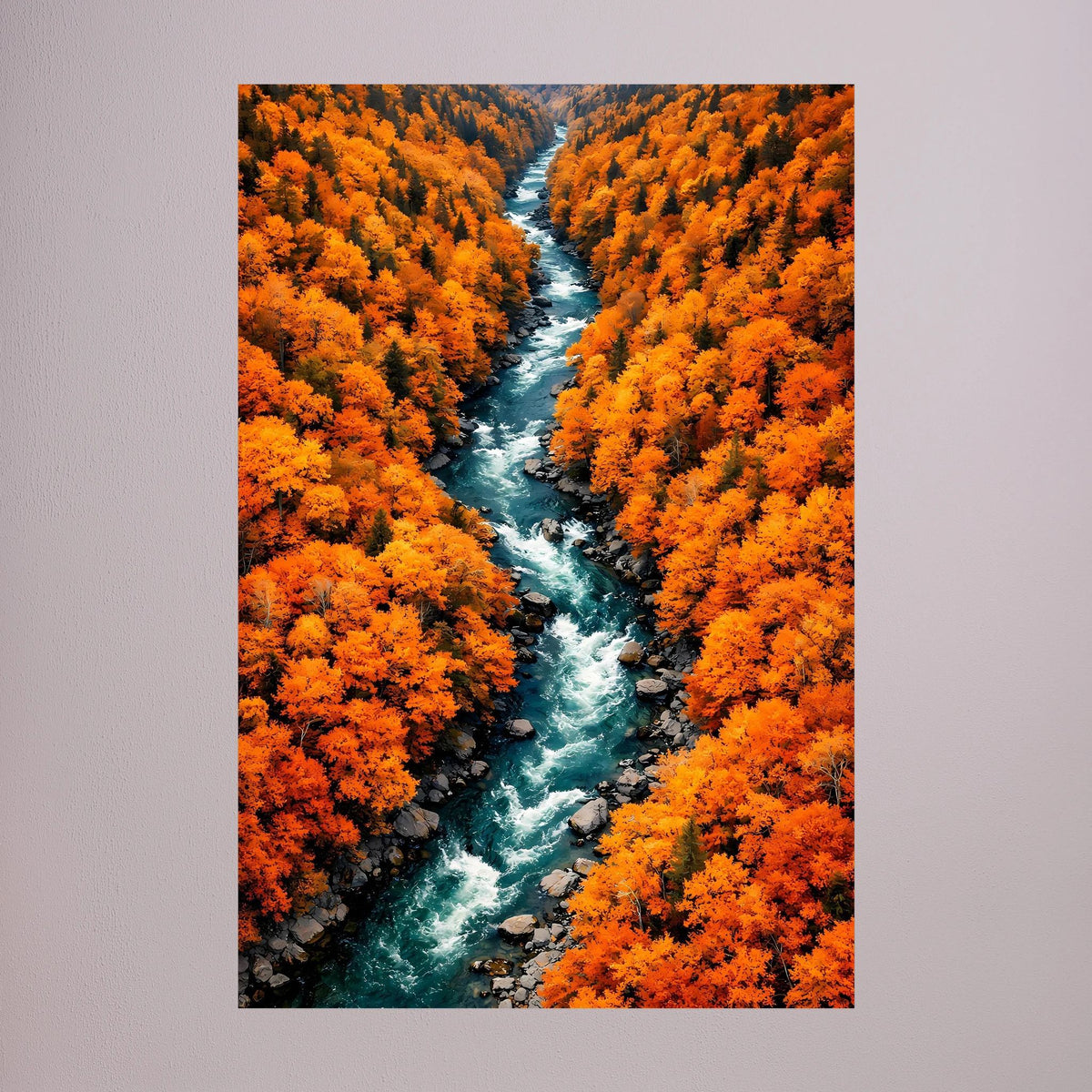 Hochformat-Wandposter Fluss durch Herbstwald, orange Laubbäume und helles türkisfarbenes Wasser