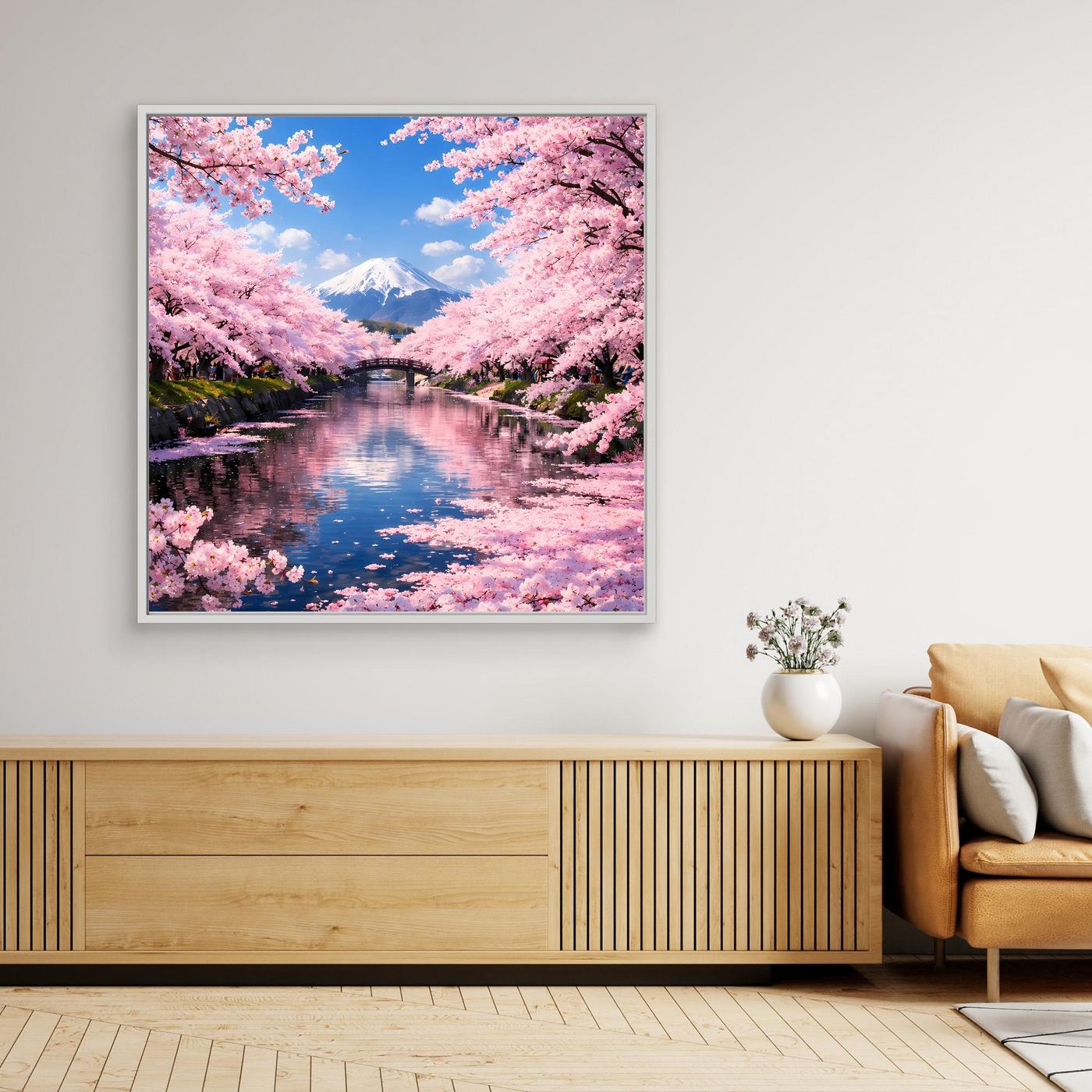 Gerahmtes Leinwandbild: Kirschblüten über dem Berg Fuji, spiegelnder Fluss, rosa Himmel