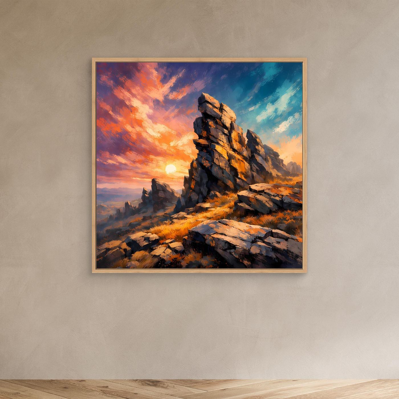 Premium Leinwand Monumentale Felsformation im Sonnenuntergang | Abstraktes Gebirge Wandbild