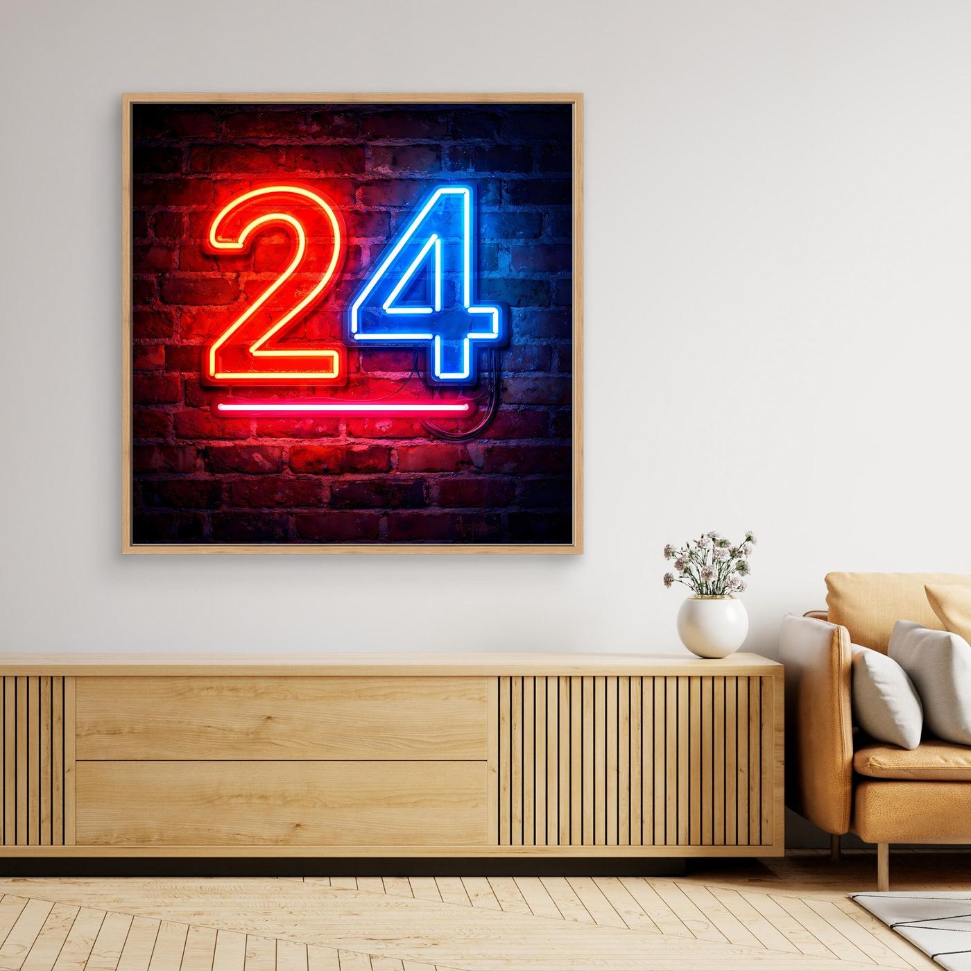 Wandbild mit Neon-Zahl 24 auf Backstein, heller Holzrahmen