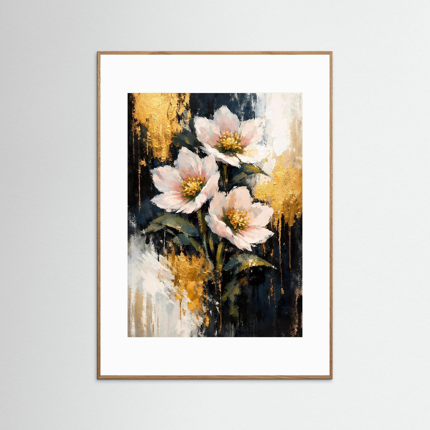 Wandbild mit abstraktem Blumenmotiv, rosa Blüten und goldener Farbstreuung, braun gerahmt