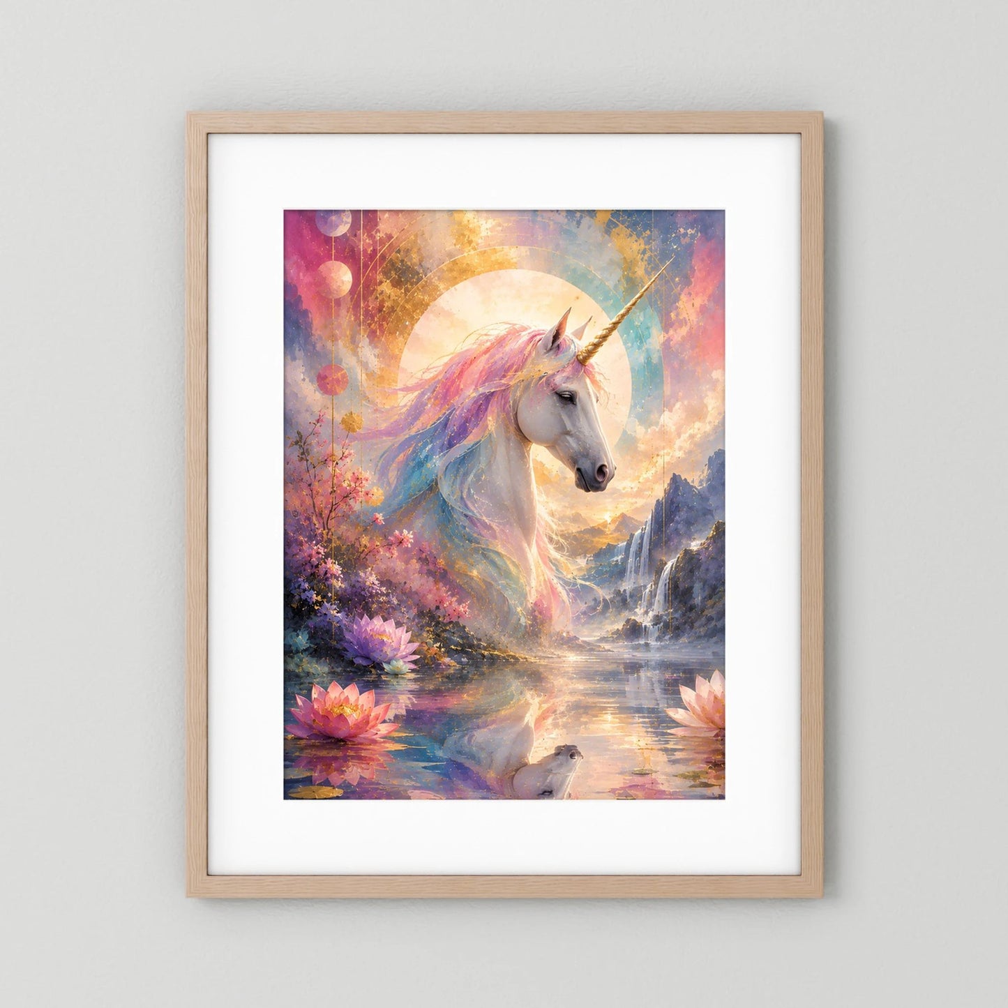 Gerahmter Fantasy-Druck mit Einhorn im Pastellmond, Wasser mit Lotusblüten, heller Holzrahmen, Passepartout