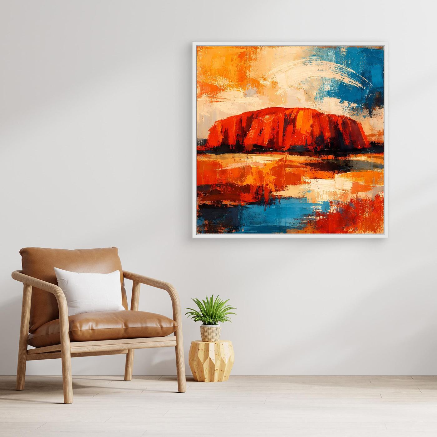 Abstraktes Leinwand-Wandbild mit rotem Felsen und blauem Farbverlauf, hell gerahmt
