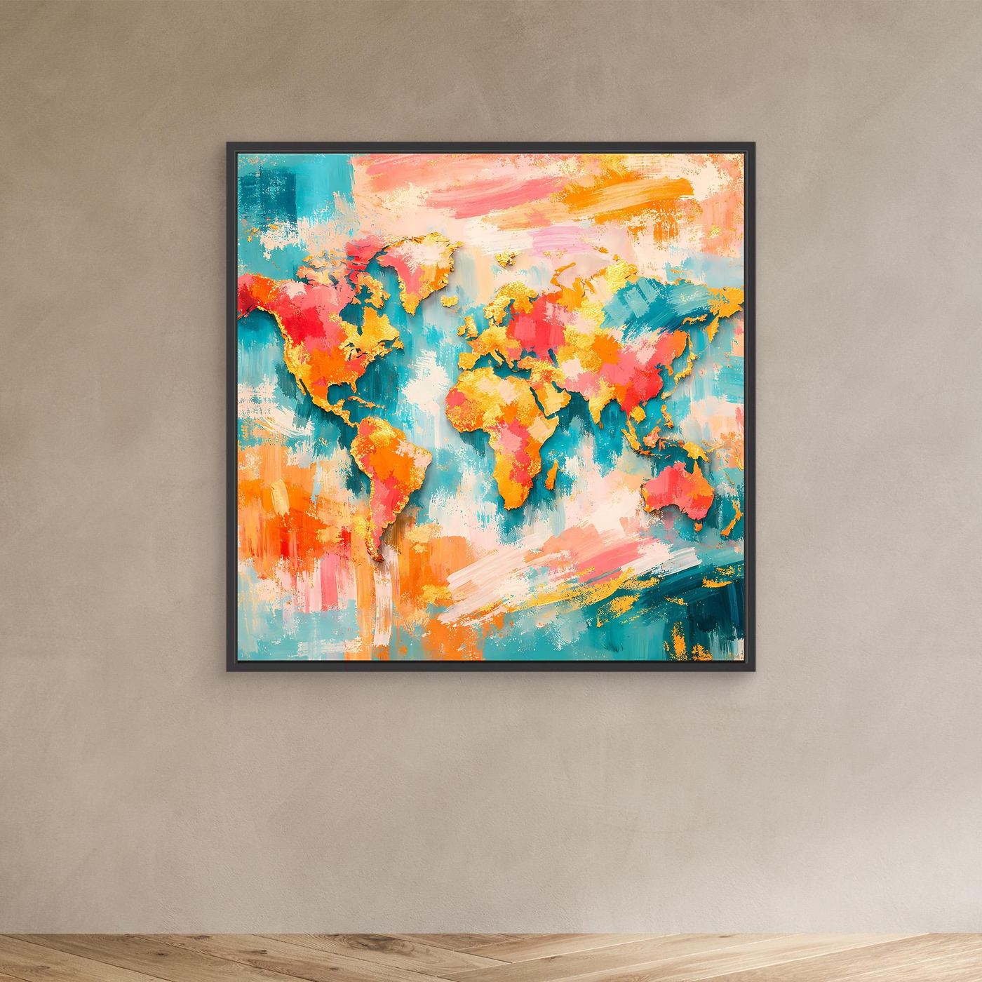 Abstrakte Weltkarte auf Leinwand mit schwarzem Rahmen, buntes Weltkarten-Motiv