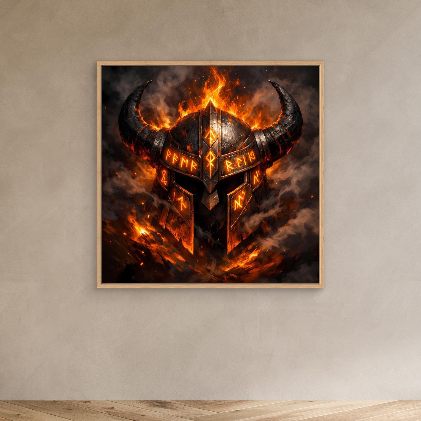 Leinwand-Wandbild mit flammendem Wikingerhelm und Runen, Eichenrahmen