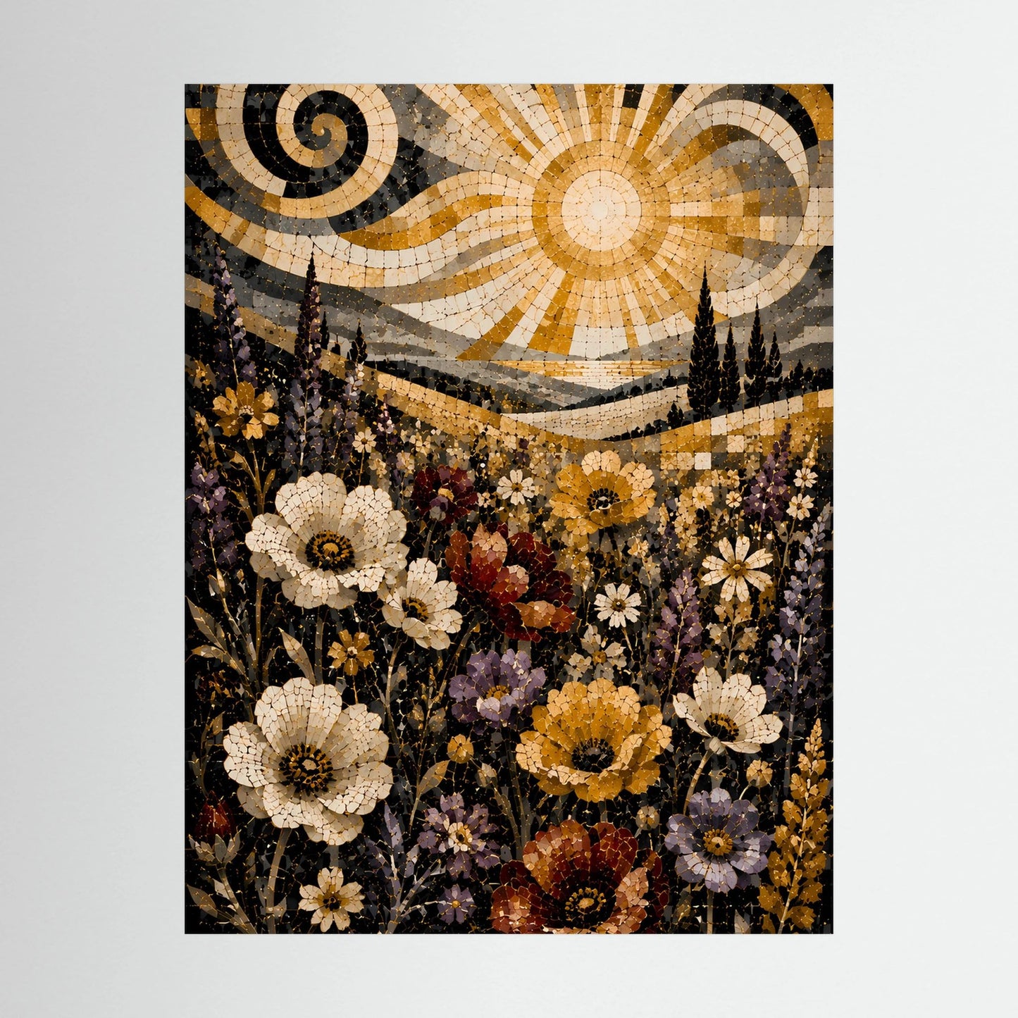 Nahaufnahme: Blumenmosaik mit goldener Sonne, Wirbeln und Landschaftssilhouetten
