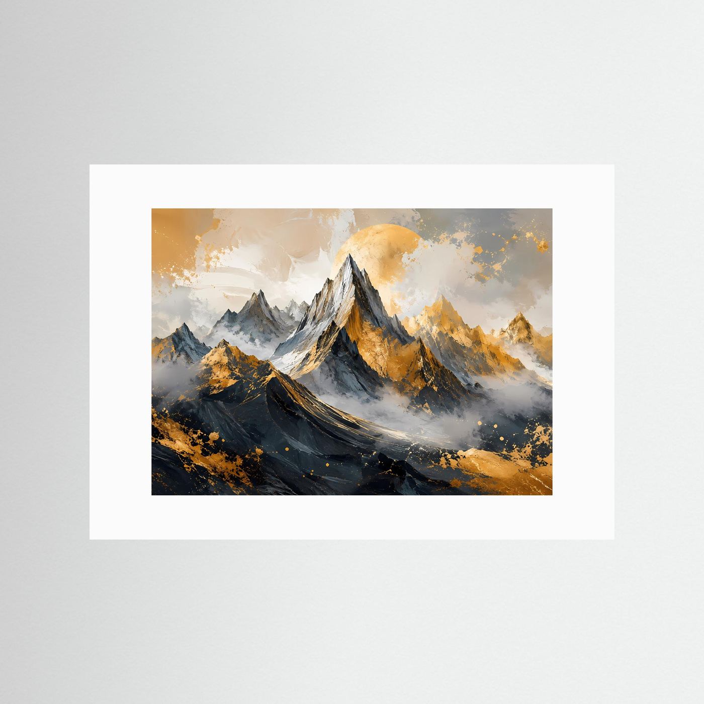 Goldene Berglandschaft Poster | Abstrakte Berge Wandbild | Moderne Fine Art | Luxus Landschaft Kunst | Panorama Leinwand