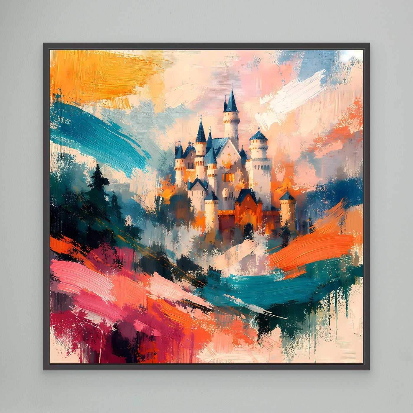 Premium Leinwand Märchenhaftes Schloss in abstrakten Farben | Modernes Castle Wandbild