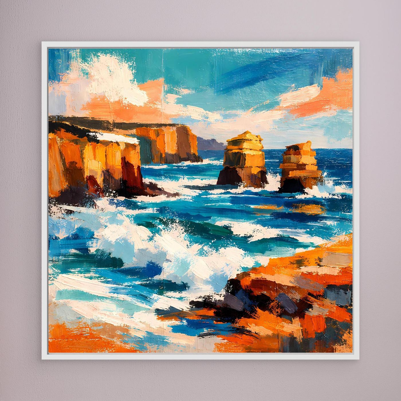 Wandbild mit abstraktem Küstenmotiv: türkisblaues Meer, orange Felsen, weißer Rahmen