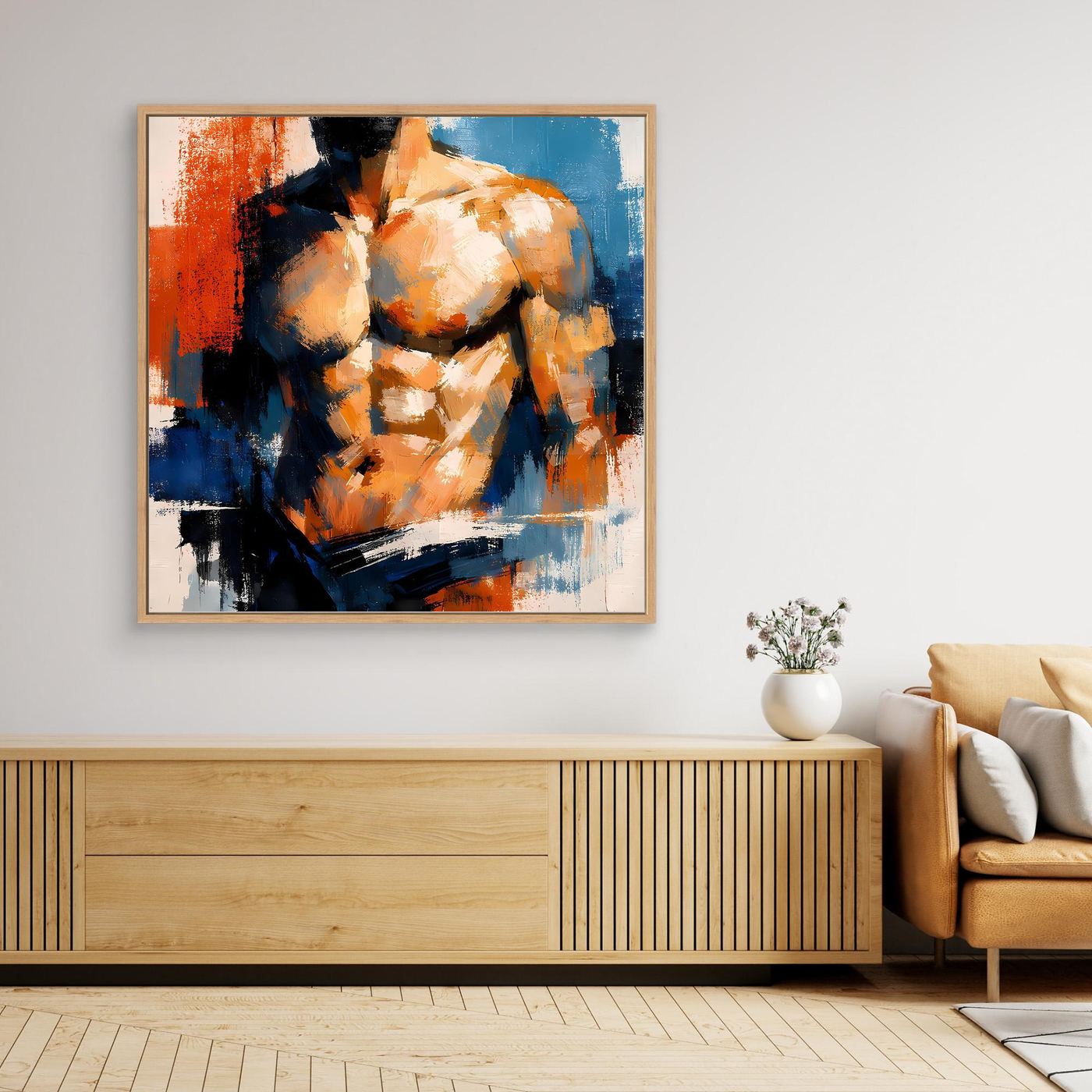 Abstract canvas wall art of a muscular male torso with orange, blue, and dark accents, oak frame