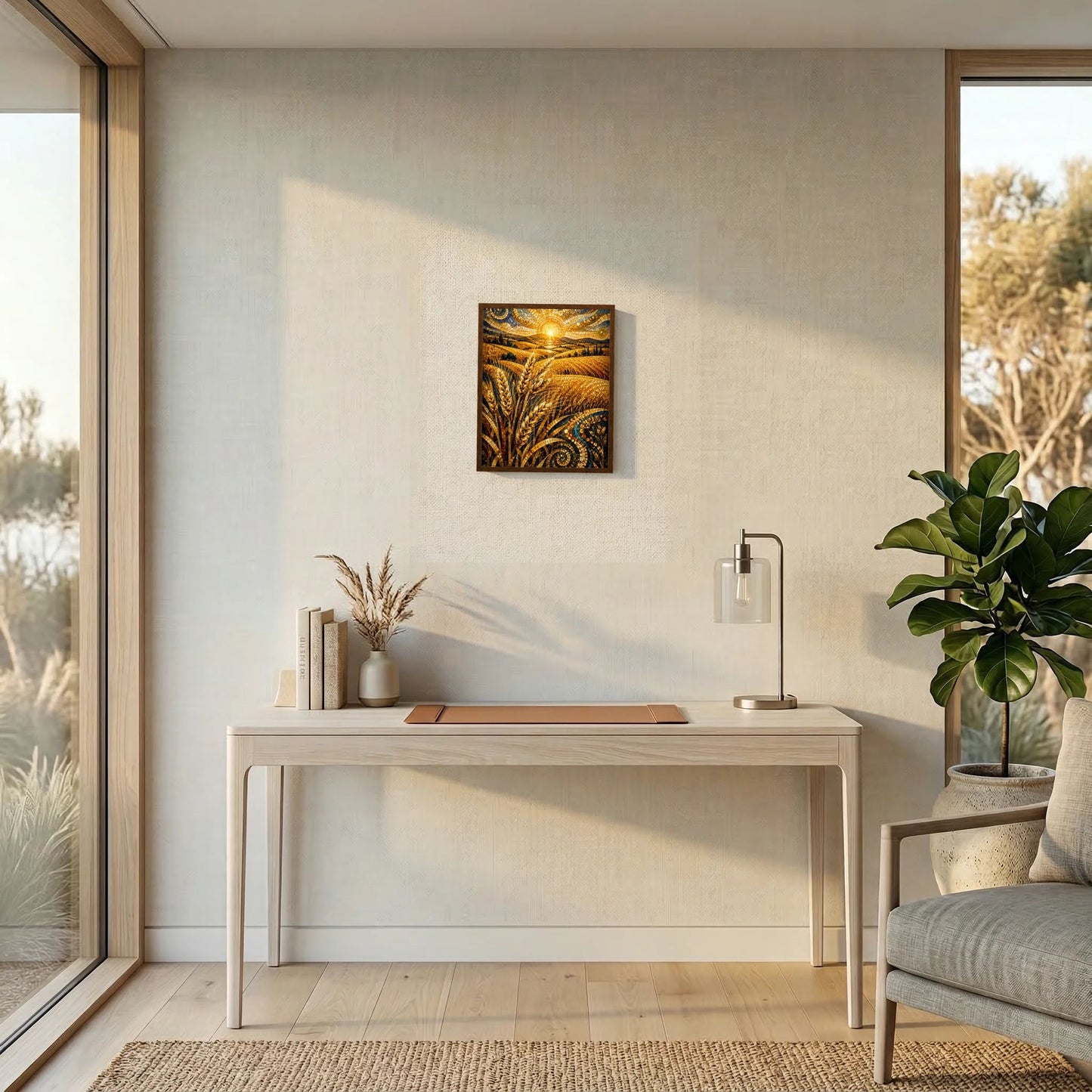 Schwarz gerahmtes Poster mit goldenen Weizenähren-Mosaik und warmer Sonnenstrahl-Lichtquelle