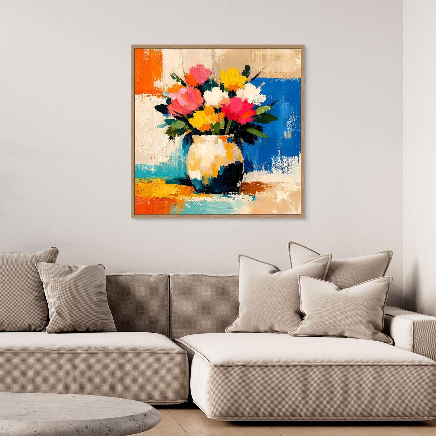 Framed wall art canvas featuring a colorful bouquet in a white vase, gold frame
