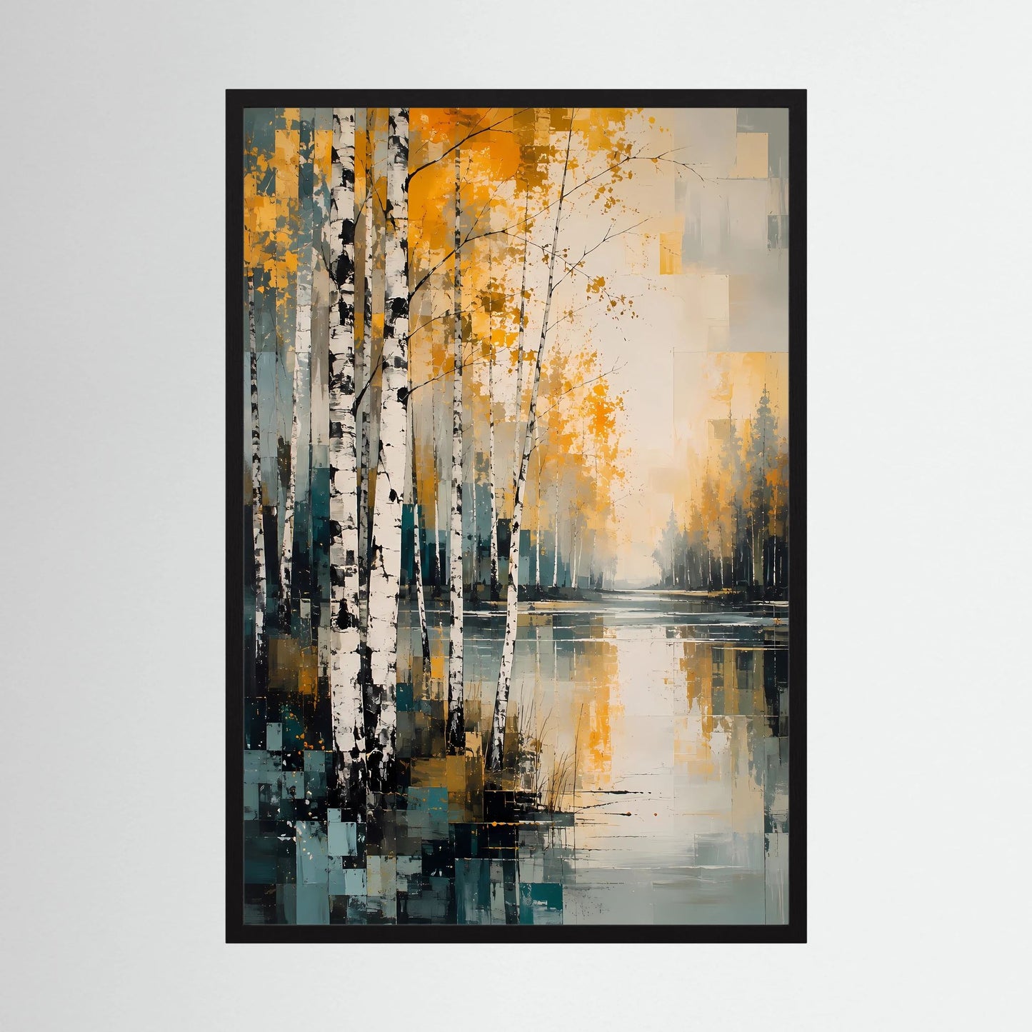 Abstraktes Herbstlandschaft-Poster Gold und Petrol, schwarzer Bilderrahmen