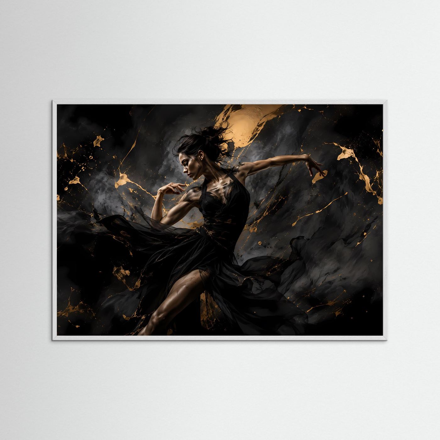 Elegante Tänzerin in Schwarz & Gold | Abstraktes Kunstposter im Querformat | Modernes Wandbild mit Goldakzenten