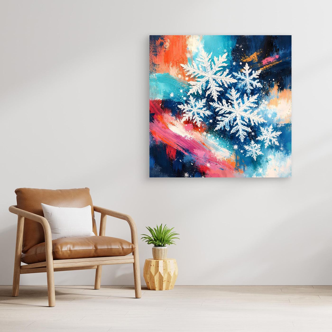 Leinwand-Wandbild mit weißen abstrakten Schneeflocken auf blau-orangen Farbflächen, heller Rand