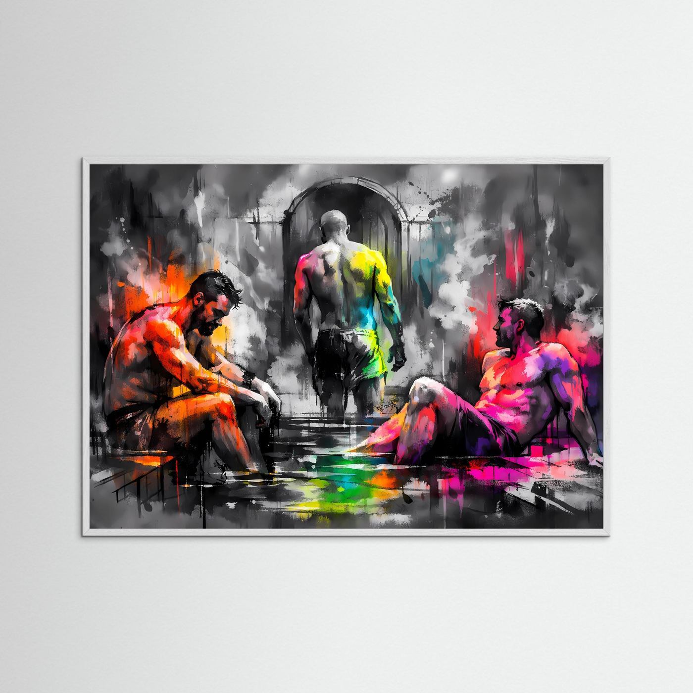Querformat-Poster mit abstrakten Figuren in Orange, Pink und Gelb, im weißen Rahmen