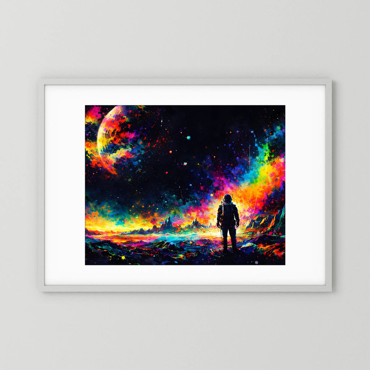 Wandbild-Poster: Astronaut vor Neon-Sternenmeer, mehrfarbiger Kosmos, silberner Rahmen