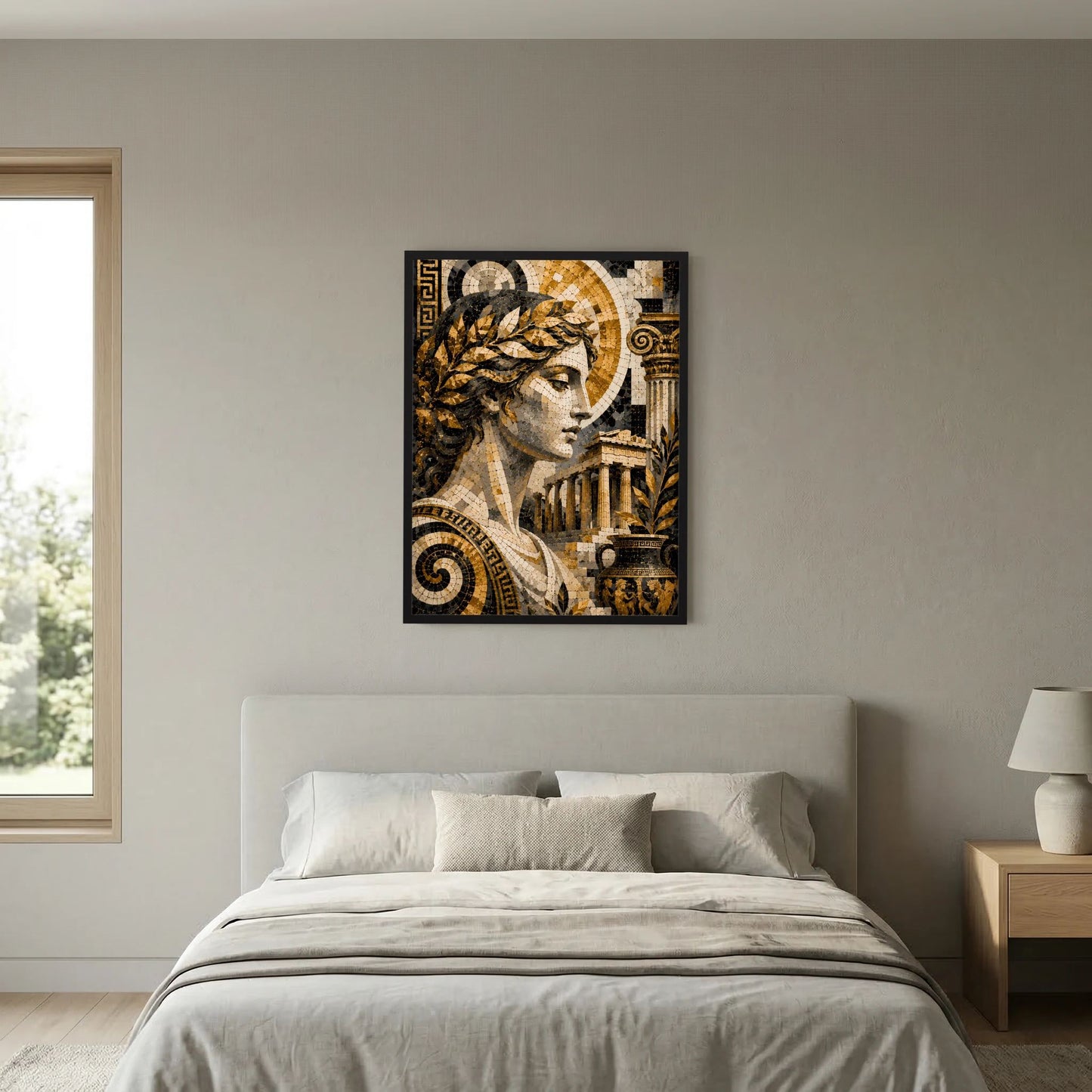 Poster mit antiker Mosaik-Göttin, seitliches Profil, gold-schwarzes Steinmuster, schwarzer Rahmen