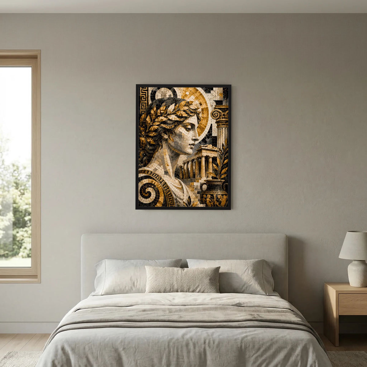 Poster mit antiker Mosaik-Göttin, seitliches Profil, gold-schwarzes Steinmuster, schwarzer Rahmen