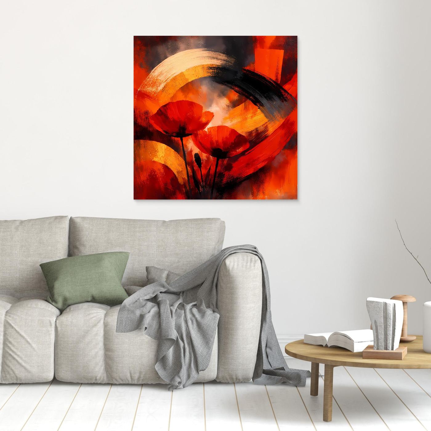 Leinwandbild mit abstrakten Mohnblüten in Rot, Schwarz und Gold, braun gerahmt
