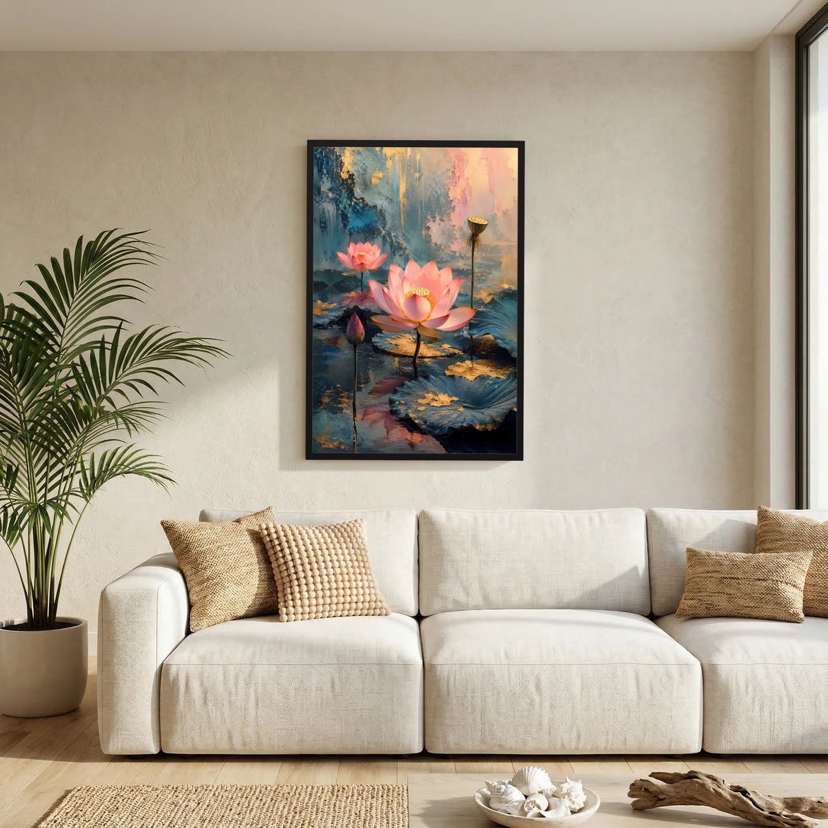 Vertikales Poster im schwarzen Rahmen: rosa Lotusblüten auf blauem Wasser mit goldener Laterne