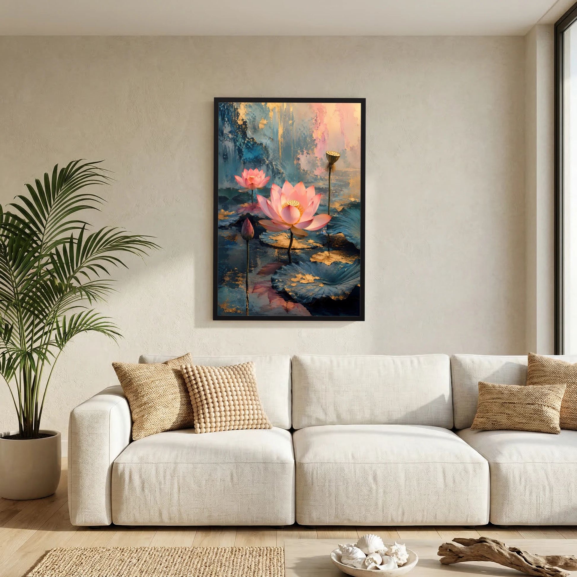 Vertikales Poster im schwarzen Rahmen: rosa Lotusblüten auf blauem Wasser mit goldener Laterne